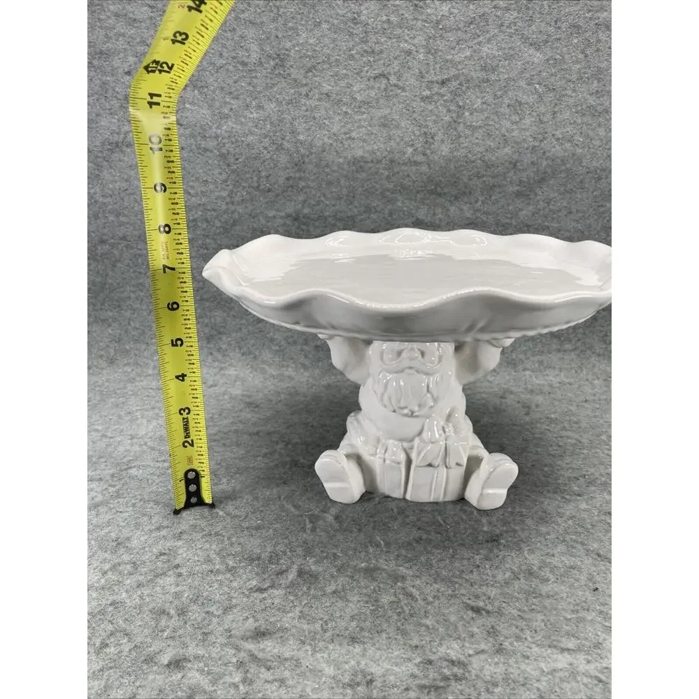 Pier 1 Imports White Santa Pedestal Cake Stand Pastry Cookie Tray Christmas HTF
